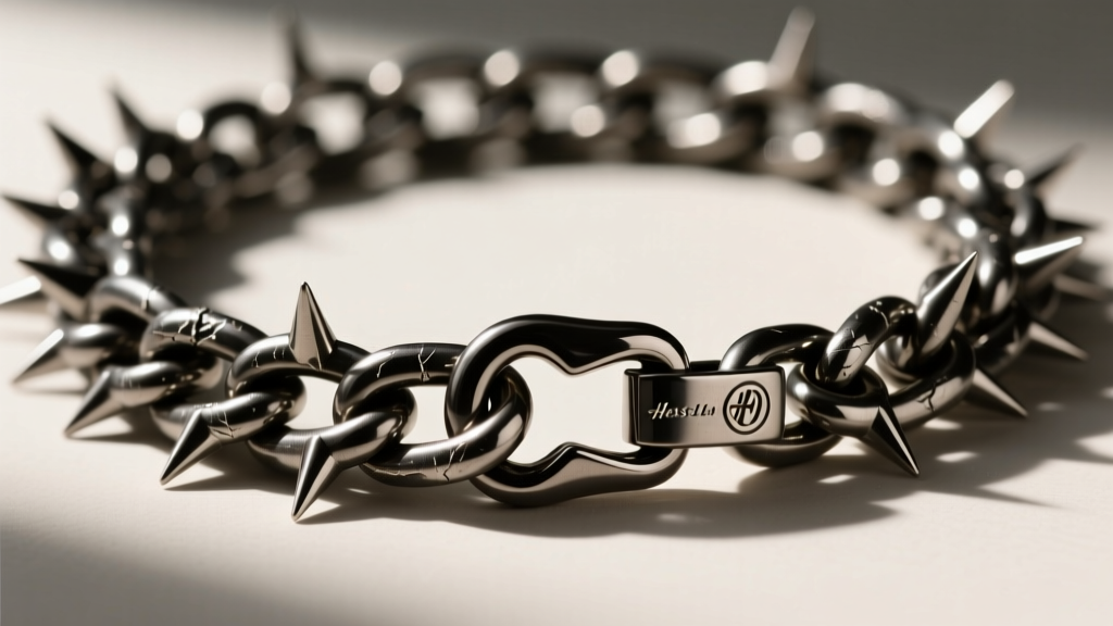 Macro shot of PVD coated steel spiked cuban chain scene necklace showing dark gunmetal finish and detailed lobster clasp hardware