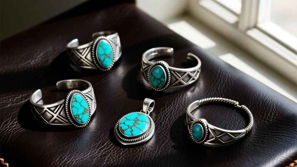 Overhead flat lay of rustic Silver Creek sterling silver jewelry with turquoise inlays and oxidized finishes on dark leather