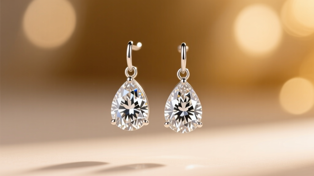 Pear-shaped rose cut diamond drop earrings in platinum dangling against a soft warmly lit and beautifully blurred background.