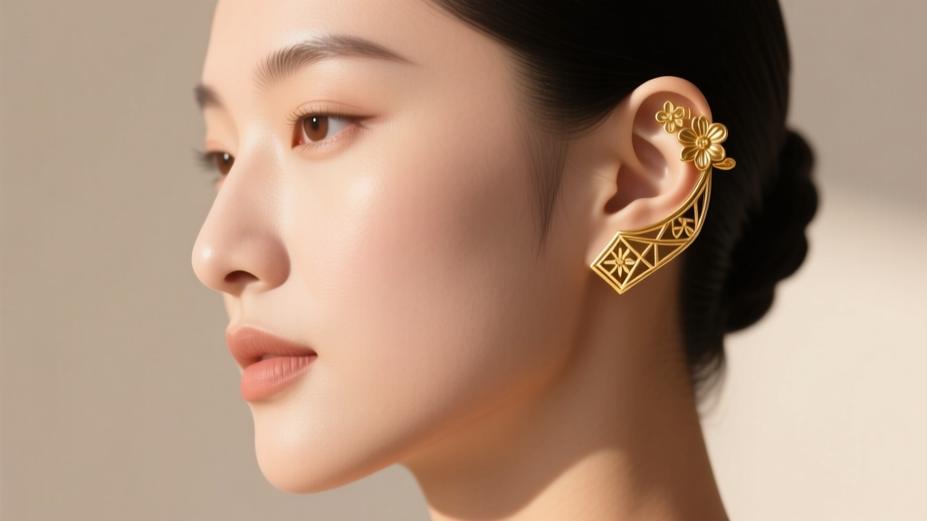 Side profile of a woman wearing an intricate gold ear cuff wrapping around the upper right cartilage in soft light.