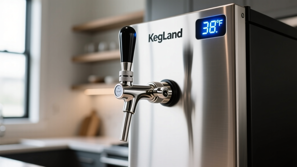 KegLand Gen 3 flow control beer faucet on stainless steel kegerator tower with glowing blue digital temperature display showing 38F