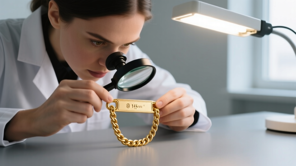 Jeweler using a loupe to inspect a tiny 14k stamp on a delicate gold rope chain clasp, illuminated by a bright, focused LED desk lamp.