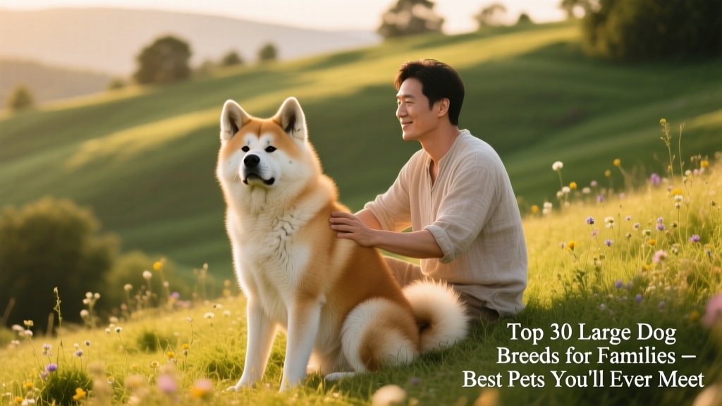 An Akita sitting calmly beside its owner on a grassy hill, ears alert and expression serene