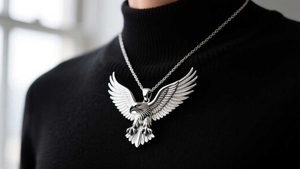 Stainless steel eagles necklace on a black sweater, showing the bold size and sharp feather details of the bird pendant