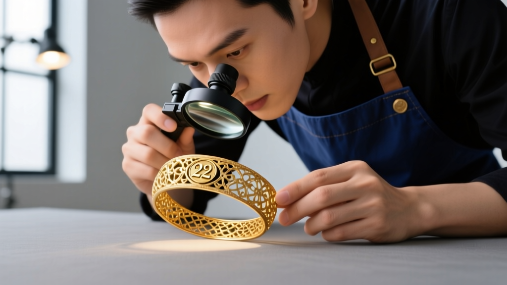 A jeweler using a 10x loupe to examine a 22k gold hallmark stamped on a heavy filigree bangle bracelet under warm studio light.