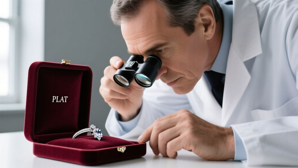 A gemologist using a 10x triplet loupe to inspect the faint platinum stamp on jewelry inside a velvet-lined appraisal tray.