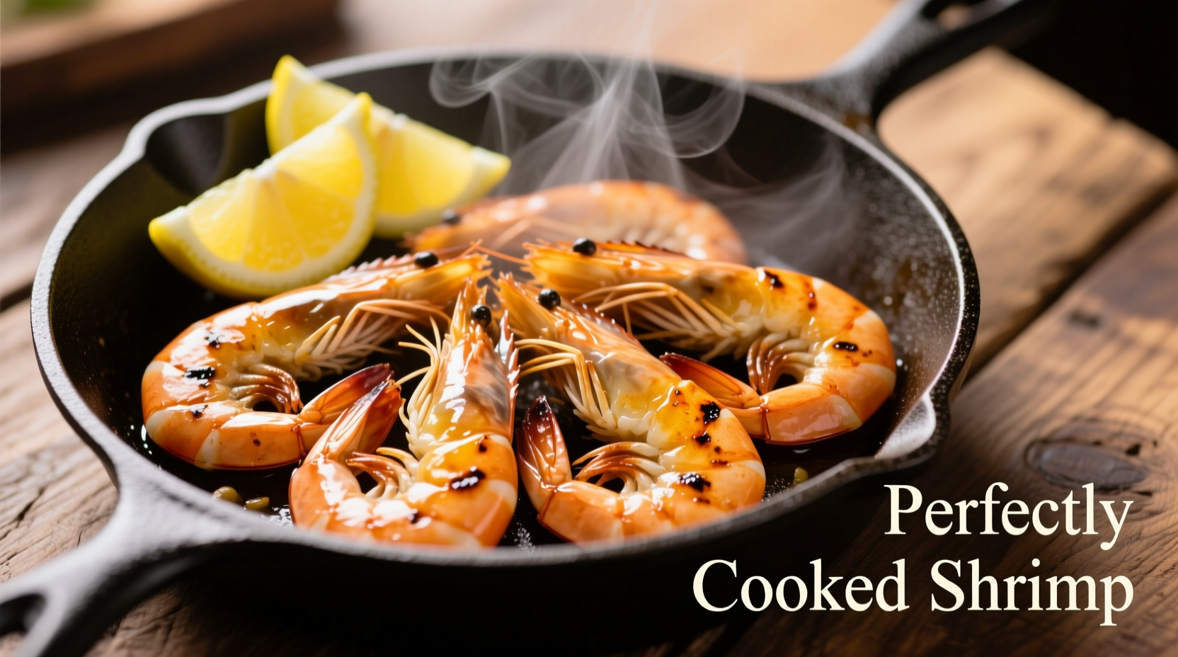 Perfectly cooked shrimp in skillet with lemon garnish