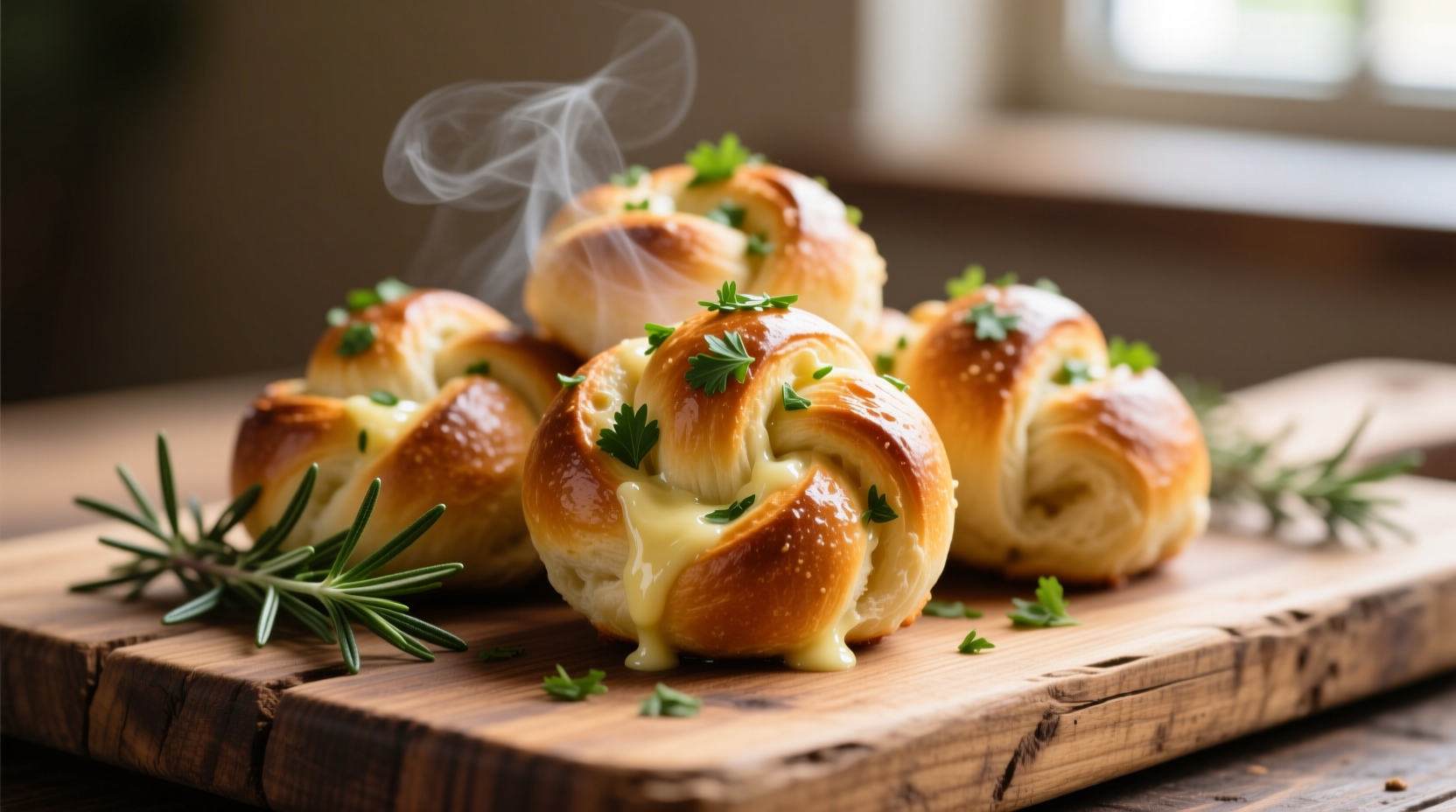 Freshly baked garlic knots with herbs on wooden board