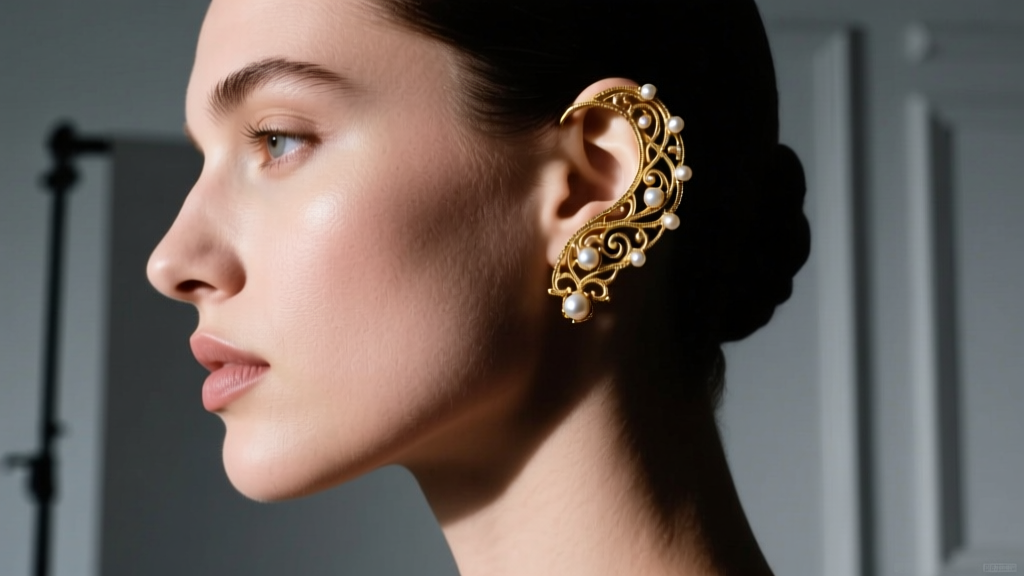 Side profile of model wearing 18g gold Victorian filigree ear cuff climbing the helix cartilage, adorned with tiny seed pearls, moody lighting.