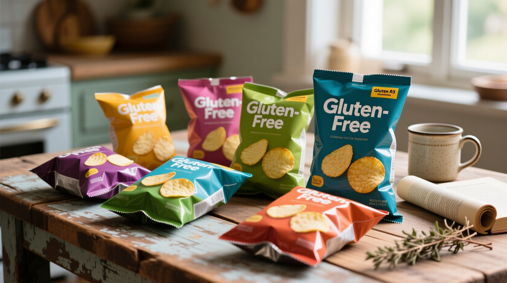 Assorted gluten-free potato chip bags on wooden table