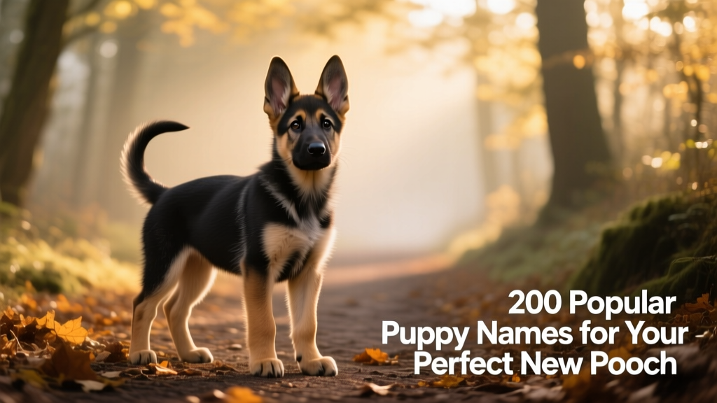A sleek, alert German Shepherd puppy standing confidently on a forest trail, ears perked and tail gently raised