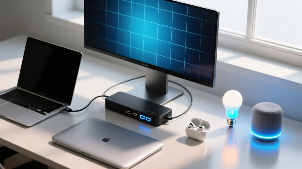 Top-down desk view showing a sleek USB-C docking station connected to a laptop, a 4K monitor, and various smart home gadgets with glowing LED indicators