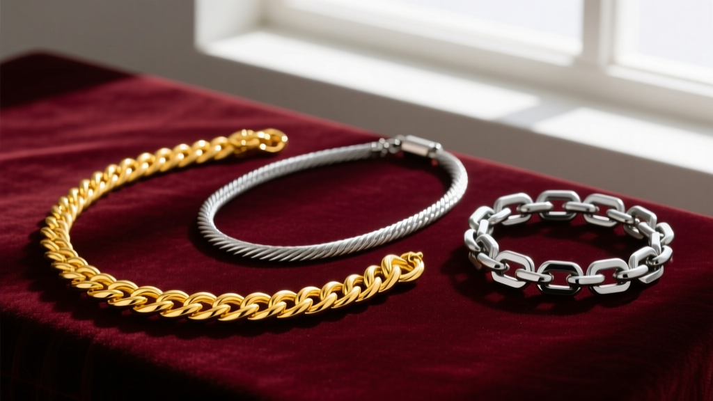 Three necklace chains on velvet: a polished yellow gold rope chain, a silver cable chain, and a matte titanium link chain.