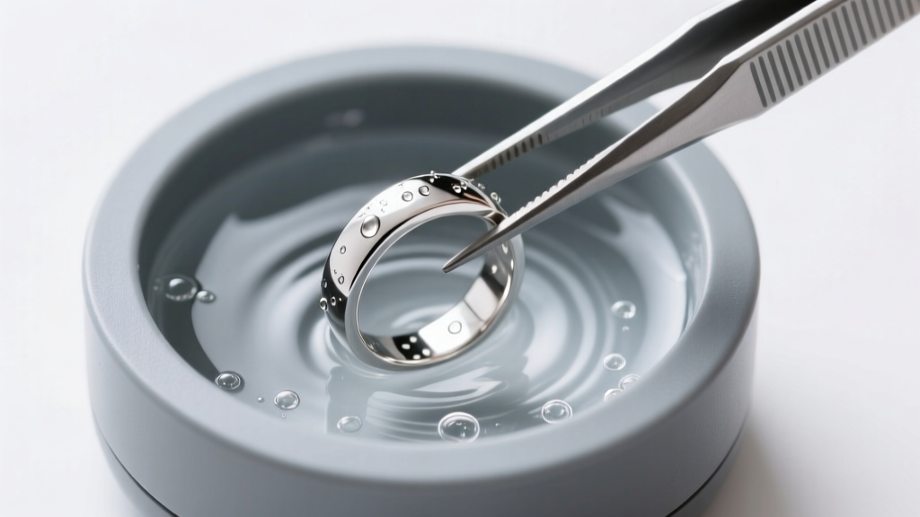 Top-down view of plastic tweezers lowering a platinum ring into a small grey ultrasonic cleaner filled with distilled water.