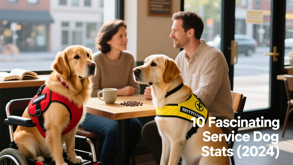 Two service dogs — one in a red mobility harness, another in a yellow psychiatric assistance vest — sitting attentively beside their handlers at a café table