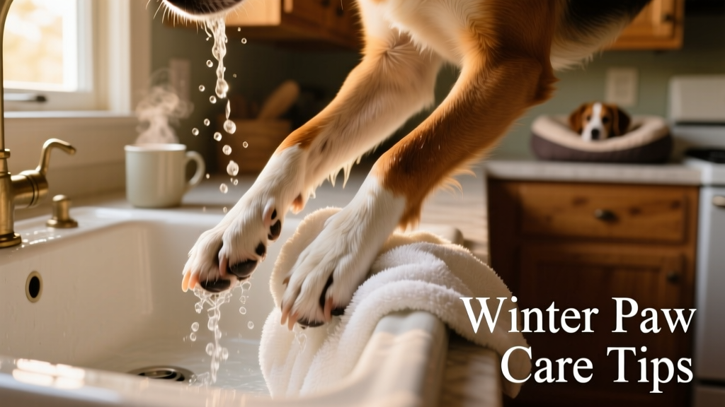 Close-up of dog paws being rinsed with warm water and gently dried