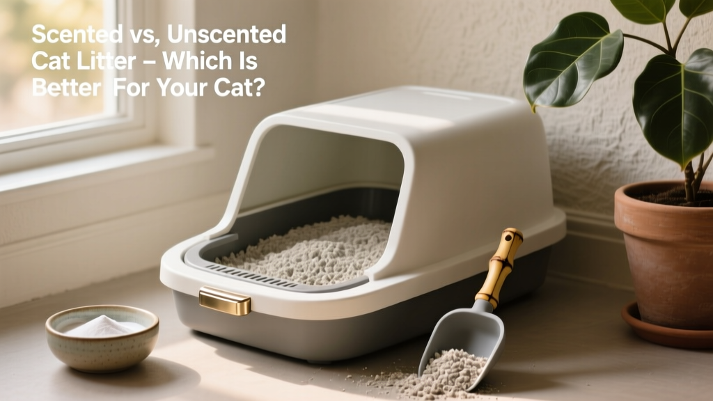 A clean, modern litter box filled with light-gray unscented clumping litter beside a small bowl of baking soda and a reusable scoop