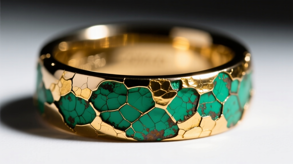 Macro shot of a zinc alloy fashion ring showing green corrosion and peeling gold flash plating under bright, harsh studio lighting