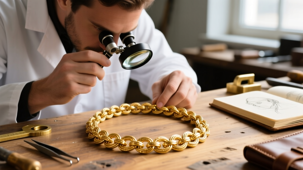 Jeweler using a loupe to inspect the soldered links of a handmade 18k gold Byzantine necklace on a wooden workbench.