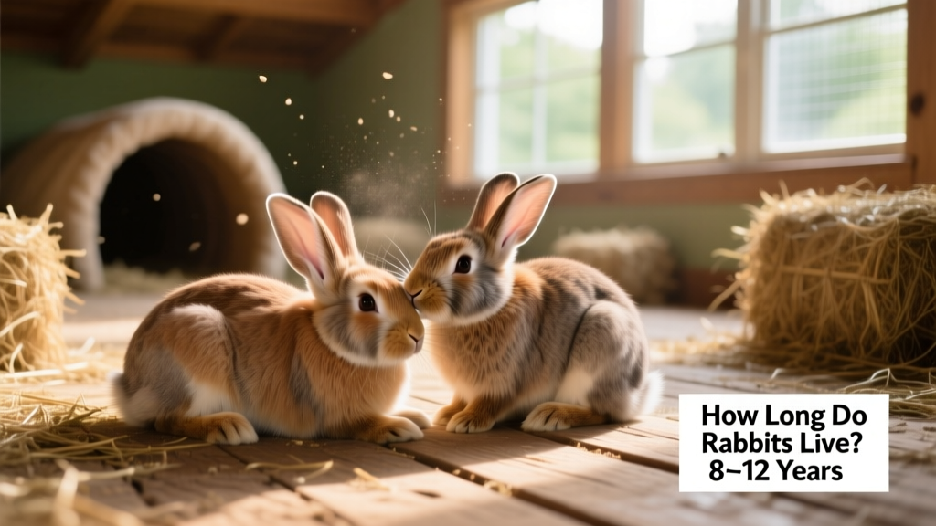 Two bonded rabbits grooming each other peacefully in a spacious, sunlit indoor habitat with tunnels and hay
