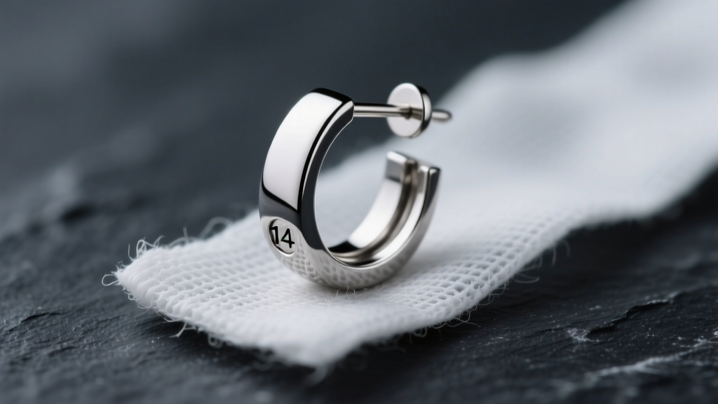 Macro shot of a 14-gauge titanium flat back earring on sterile gauze, lit by clinical lighting against a dark slate background