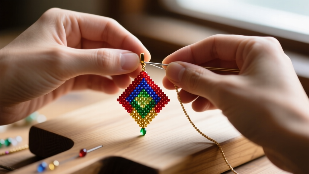 Close-up of artisan hands weaving vibrant Miyuki Delica seed beads into a geometric dangle earring on a wooden jeweler bench