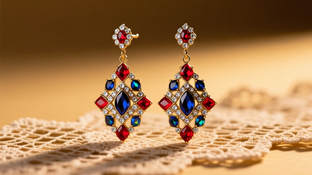 Vibrant 1920s celluloid and marcasite flapper drop earrings resting on antique lace under warm directional studio lighting