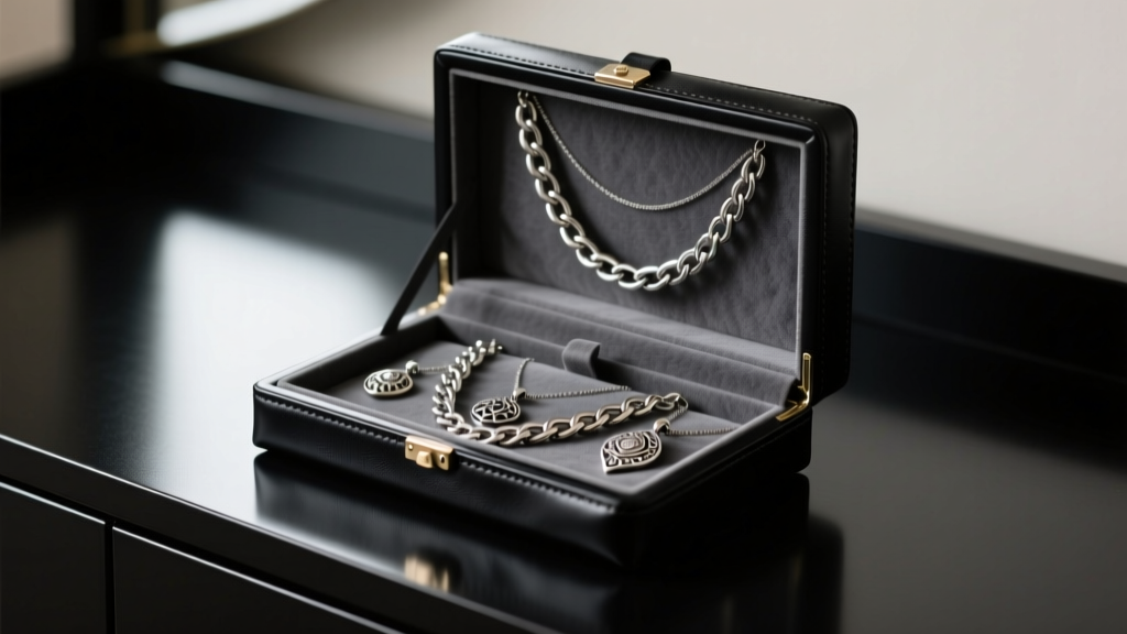 Black leather jewelry box on dark vanity, showing chunky silver chains and metal pendants resting on a grey velvet interior lining
