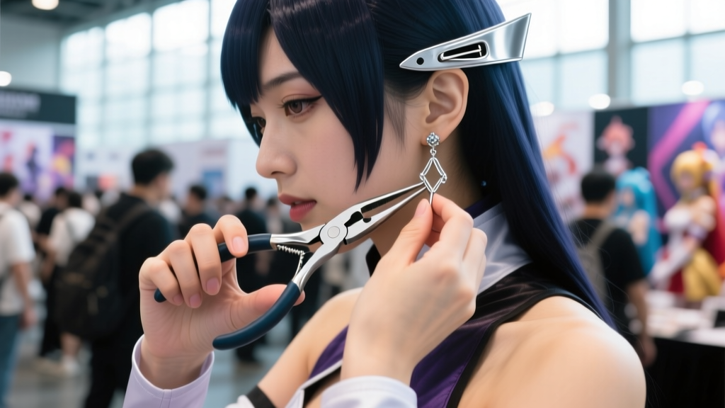 Cosplayer using silicone pliers to adjust tension of a silver clip-on earring before a convention, over-the-shoulder view