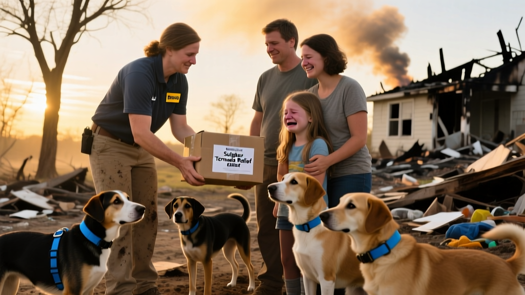 FurPetVo volunteer handing a care package labeled 'Sulphur Tornado Relief' to a grateful family, with several dogs nearby wearing bright blue collars
