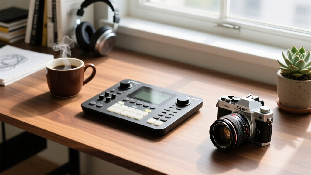 Overhead shot of a Loupedeck Live console next to a camera lens and a cup of coffee on a wooden desk in a creative studio