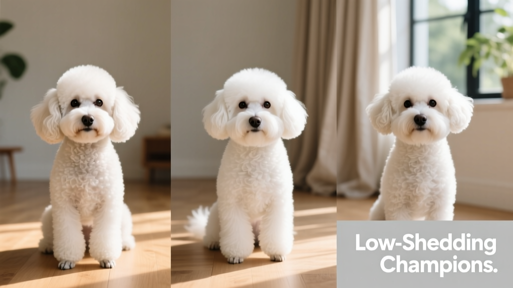 Side-by-side portraits of a Toy Poodle, Maltese, and Bichon Frise, all groomed neatly with soft, clean coats