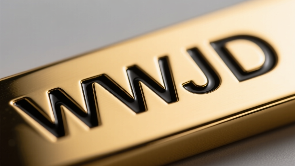 Microscope view of deep laser-engraved WWJD letters on 14k gold, showing black vitreous enamel fill inside the precise grooves