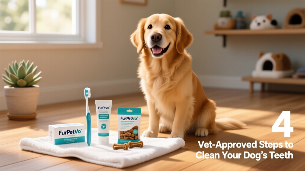 Happy dog sitting beside a neatly organized FurPetVo dental care kit: toothbrush, enzymatic gel, and chew treats on a clean towel