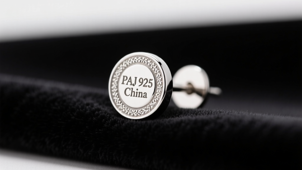Macro shot of a sterling silver earring post showing the PAJ 925 China hallmark, lit by soft studio light on dark velvet fabric