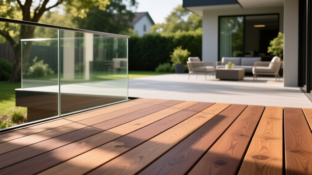 Close-up of capped wood composite decking boards in warm mahogany tones installed on a modern backyard deck with glass railings