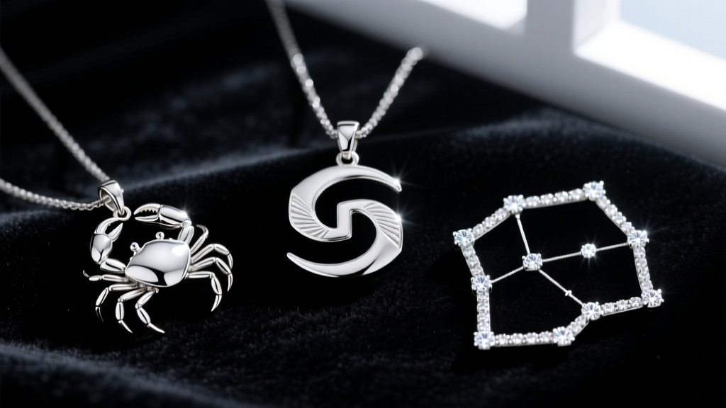 Flat lay of three Cancer zodiac pendants: a minimalist glyph, a silver crab, and a diamond constellation map on dark velvet.