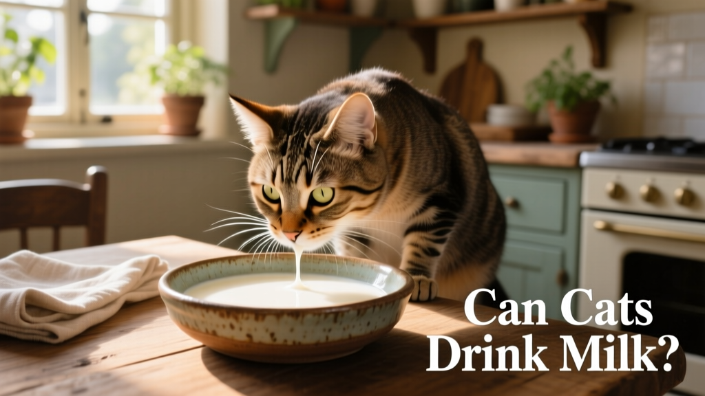 A curious adult cat sniffing a shallow ceramic dish of milk