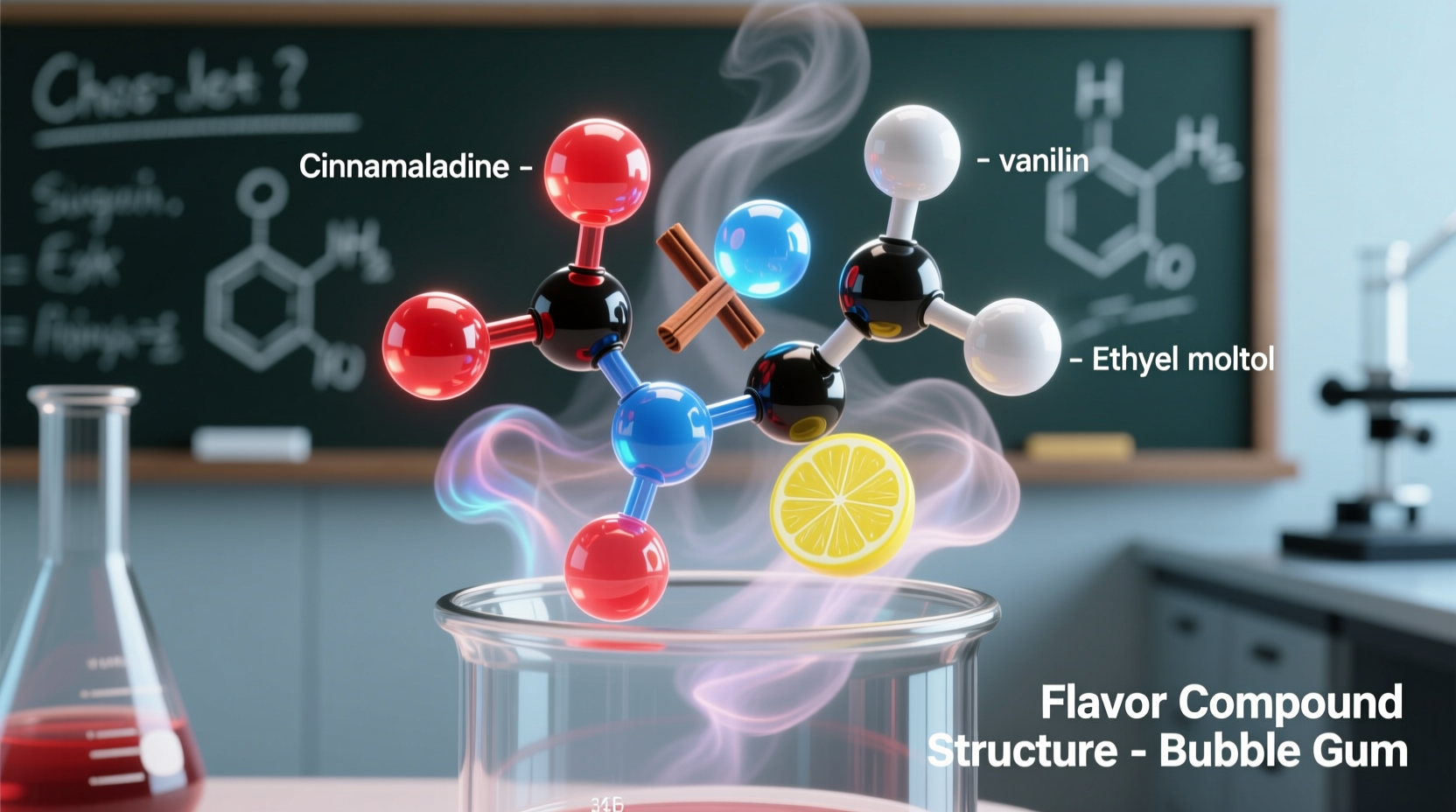 Close-up of bubble gum flavor compounds molecular structure