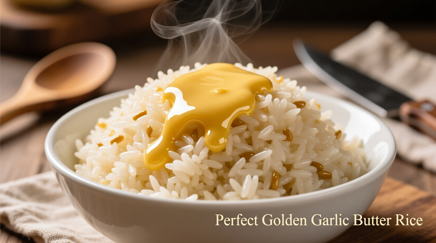 Perfect golden garlic butter rice in white bowl