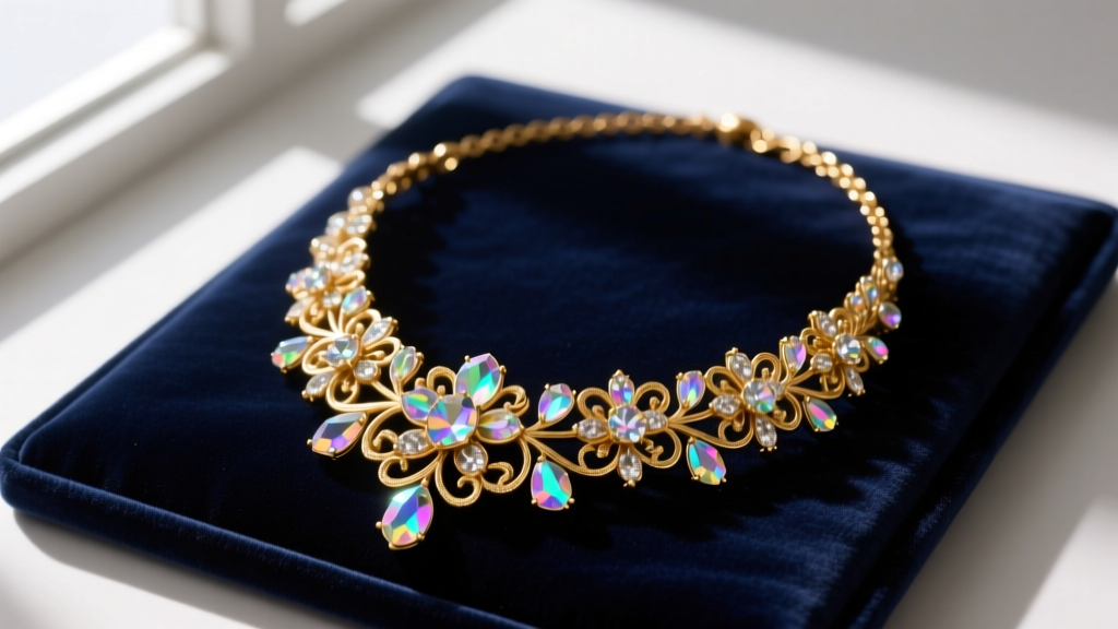 Vintage gold-tone Mariana necklace with floral filigree and aurora borealis crystals on a dark velvet pad