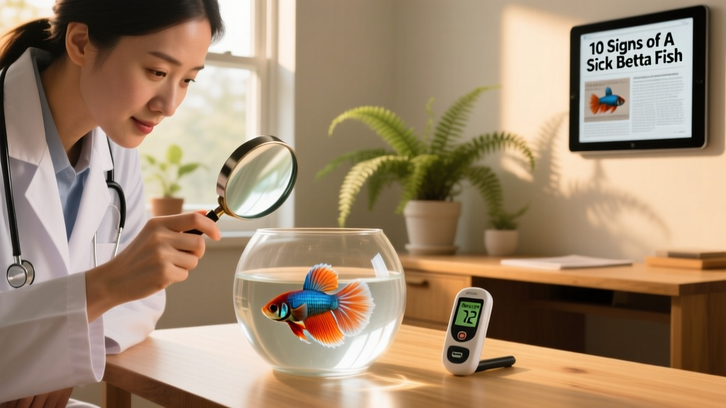 A veterinarian gently examining a betta fish under soft lighting, using a magnifying loupe and digital water tester nearby
