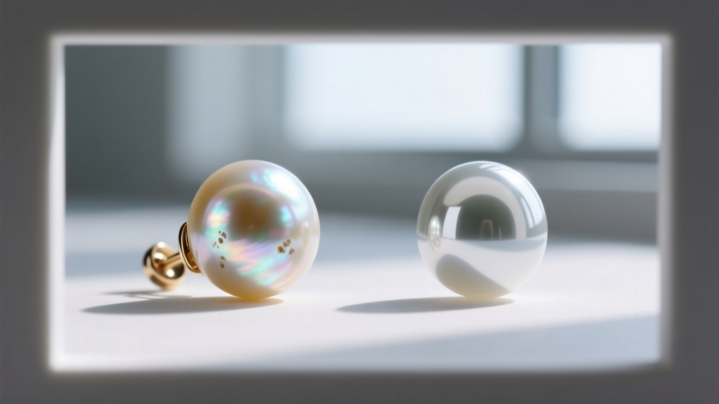 Side-by-side comparison of a genuine South Sea pearl earring and a glass fake, showing differences in surface luster and blemish