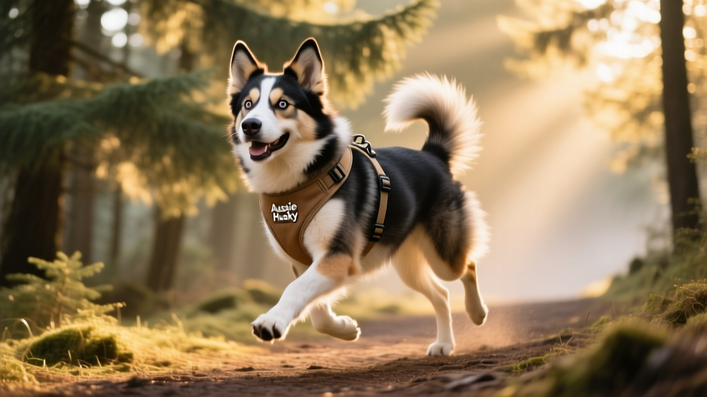 An Aussie Husky mid-stride on a forest trail, wearing a lightweight harness and looking focused and joyful