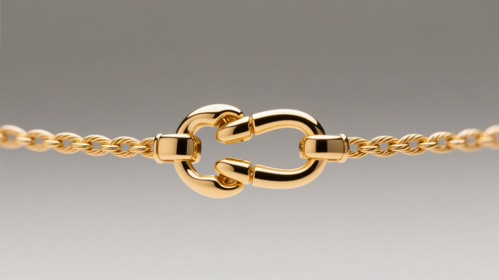 Macro shot of a 1.5mm gold vermeil cable chain connecting to a name pendant, highlighting the lobster clasp under bright light.