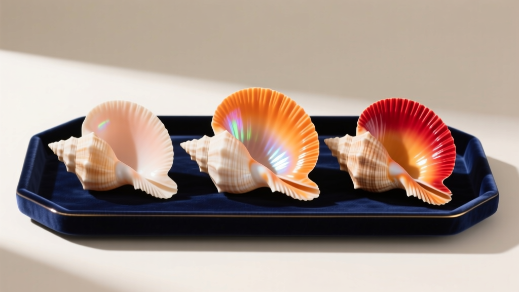 Three graded Hawaiian sunrise shells on a velvet tray, showing color variations from pale peach to vibrant orange and deep crimson