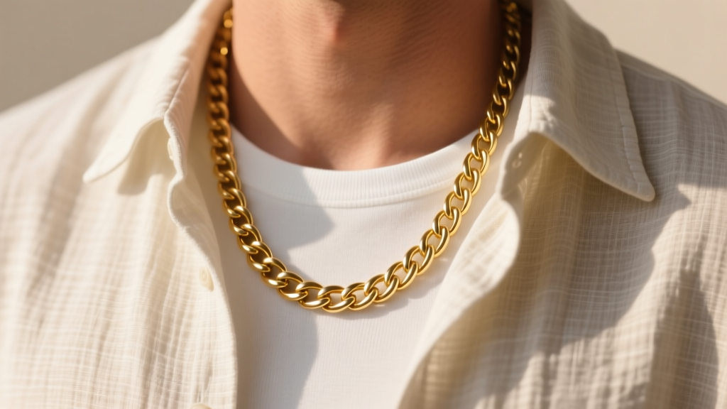 Open camp collar linen shirt over a white tee, showing a 4mm gold Cuban chain resting flat against cotton in sunlight.