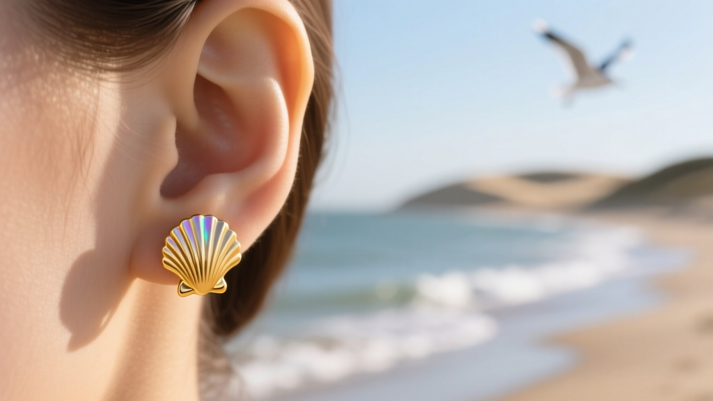 Close-up of delicate 14k yellow gold scallop shell stud earrings on lower lobes, soft natural sunlight, blurred coastal background.