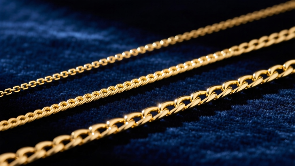 Three gold chains: a 1.2mm box chain, 1.5mm cable chain, and 2.0mm figaro chain laid flat on dark navy velvet for visual contrast