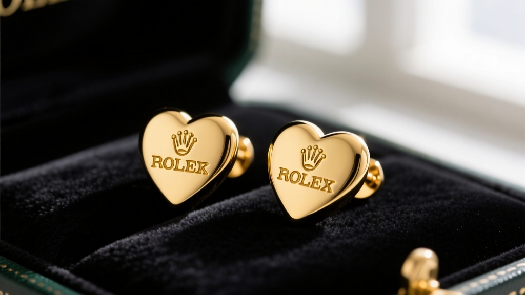 Macro shot of vintage 18k yellow gold Rolex heart earrings on dark velvet, soft lighting highlighting the coronet hallmark.